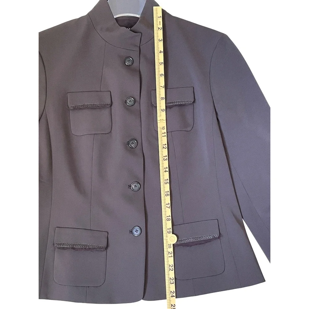 Tahari Blazer Jacket Womens 14 Brown Good Mock Neck‎ Utility Fringed Pockets